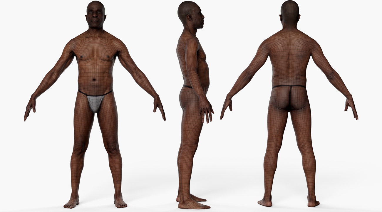 Wireframe topology overlay of a male 3D body scan showing clean quad mesh edge loops across the full figure